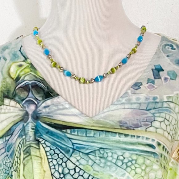 Handmade Blue and Green Cats Eye Sterling Silver 22 Inch Artisan Beaded Necklace - Picture 6 of 11